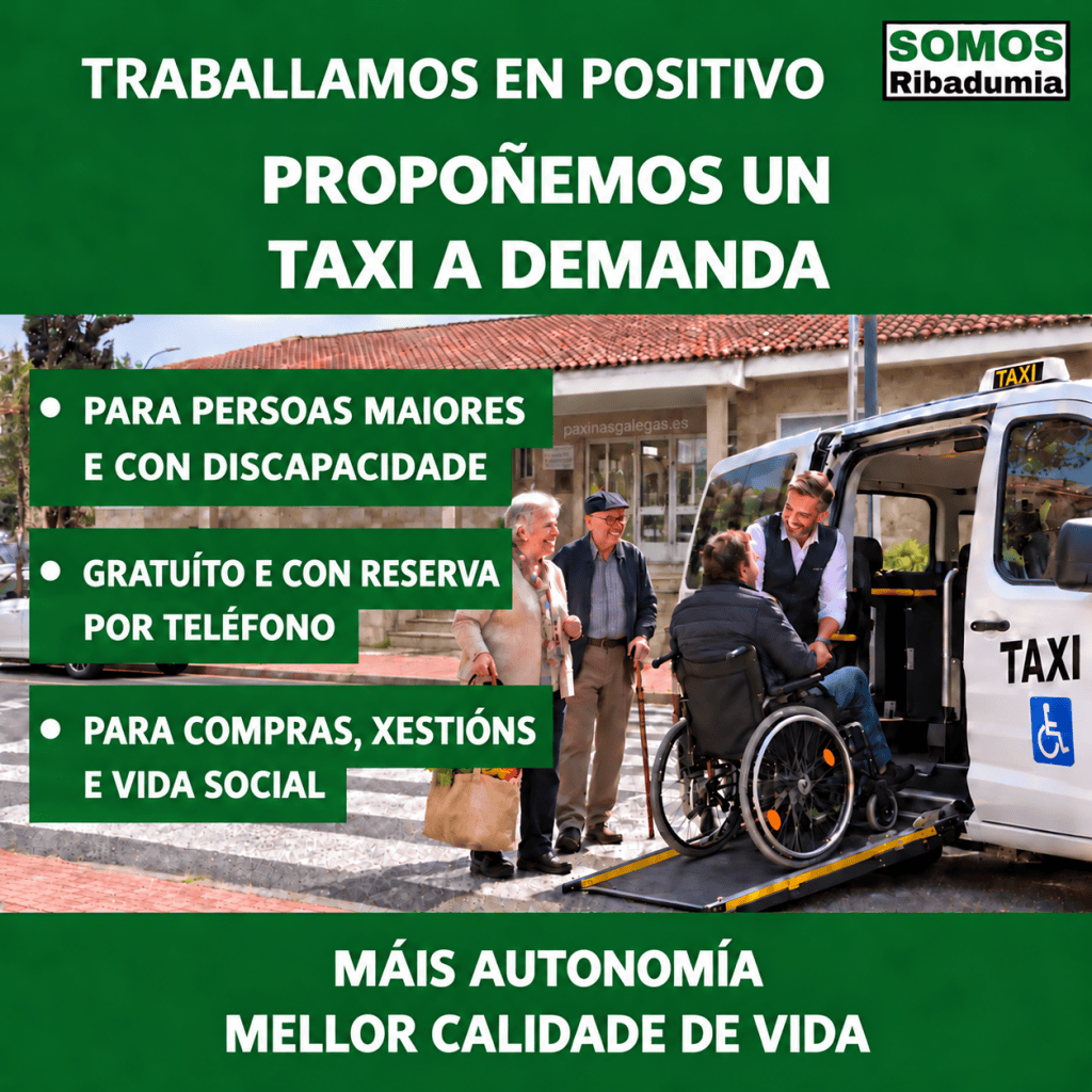 Viñeta de Somos Ribadumia que propón un taxi a demanda gratuíto, con reserva por teléfono, para persoas maiores e con discapacidade.