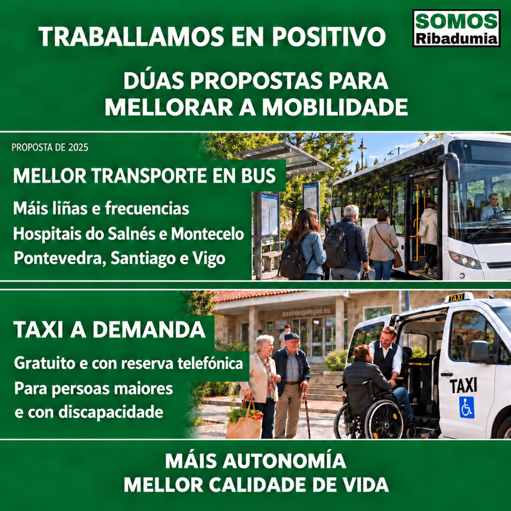Viñeta coas propostas de mellora das conexións en autobús e de creación dun taxi a demanda. Máis autonomía e mellor calidade de vida.